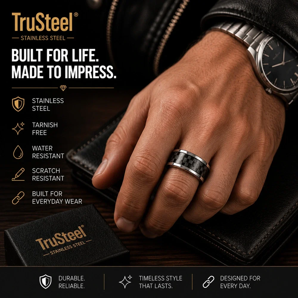 Men’s 316L Stainless Steel Ring Wood Band Comfort Fit Silver Black 8mm Size 13
